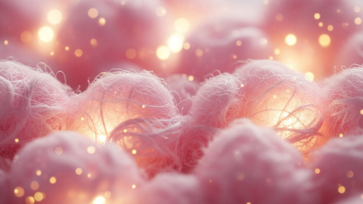 Extreme close-up of soft pink fluffy fibers illuminated by warm golden bokeh lights creating a magical, ethereal...