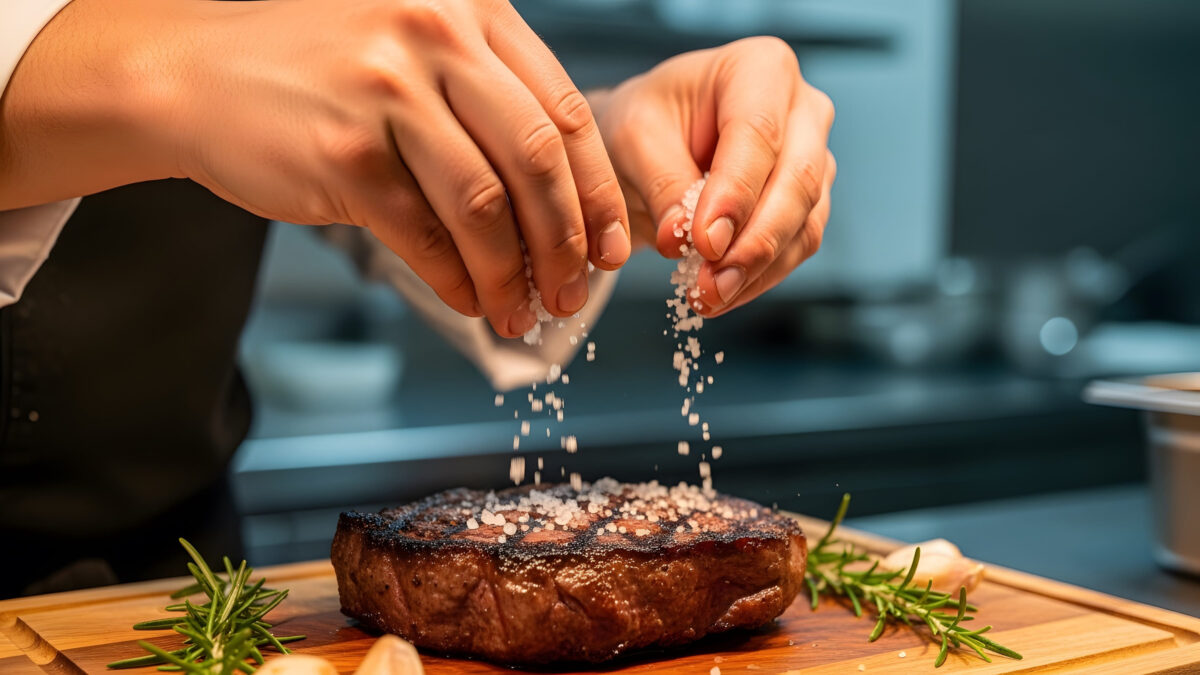 Salt showing chef sprinkling coarse sea salt onto a perfectly grilled steak. resolution...