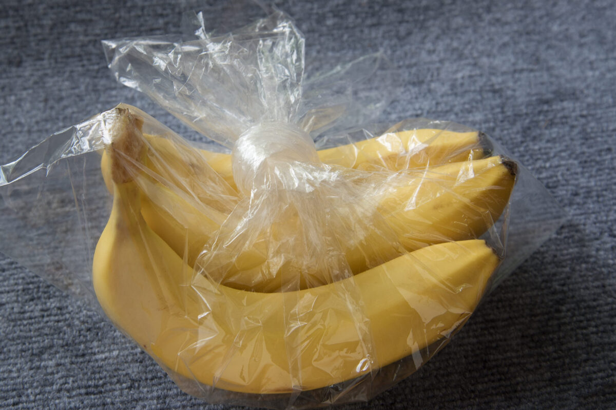 Bananas in plastic bag.