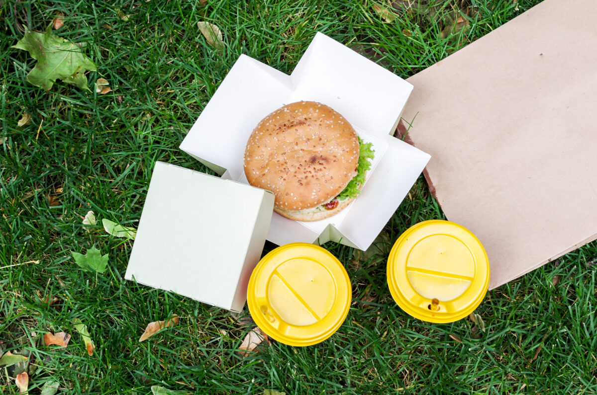 Sandwich and coffee in glasses. Photo from above.