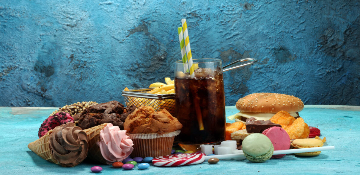 Unhealthy products. food bad for figure, skin, heart and teeth. Assortment of fast carbohydrates food.