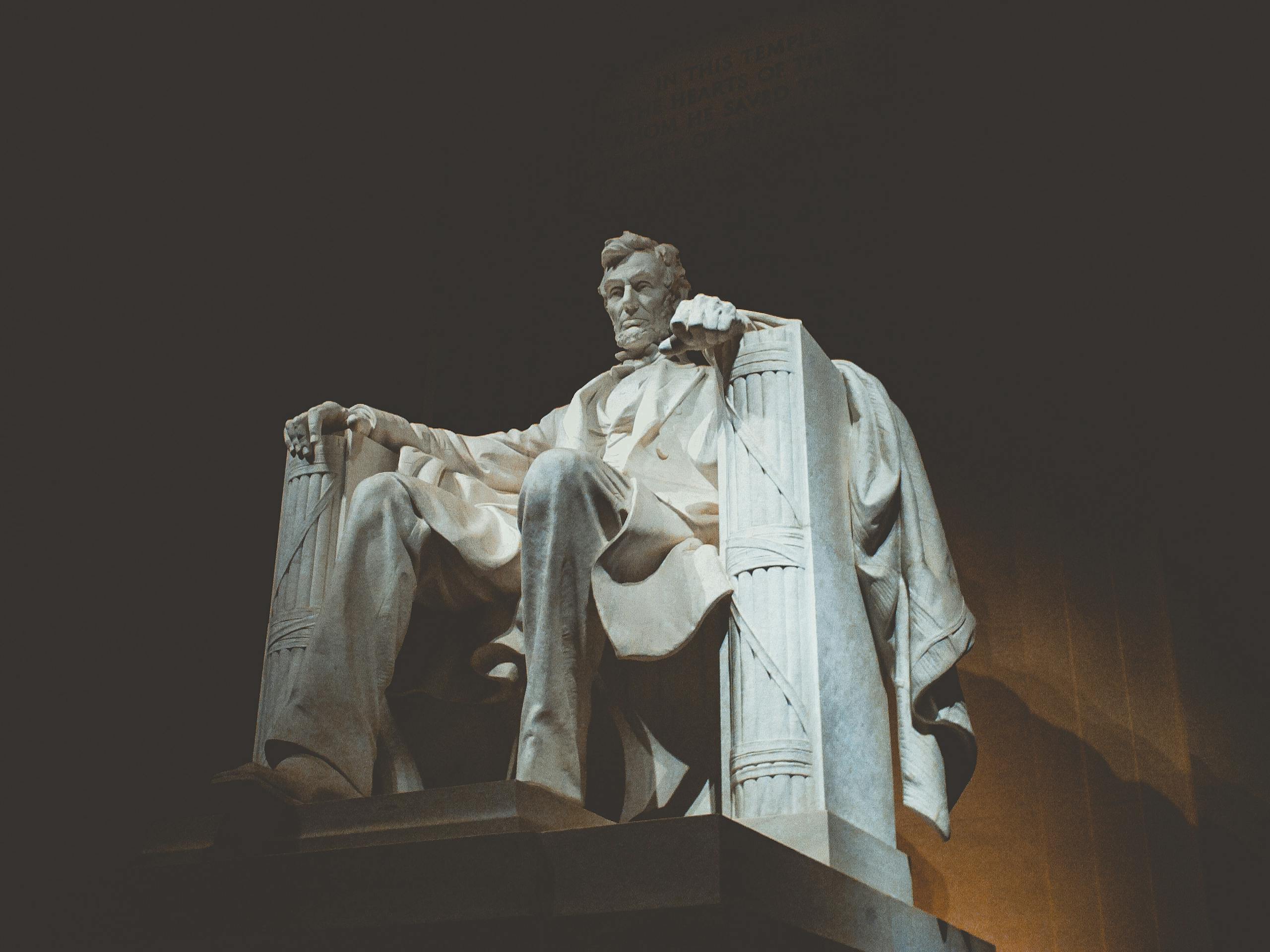 Low angle view of the iconic Lincoln Memorial statue in Washington, DC.