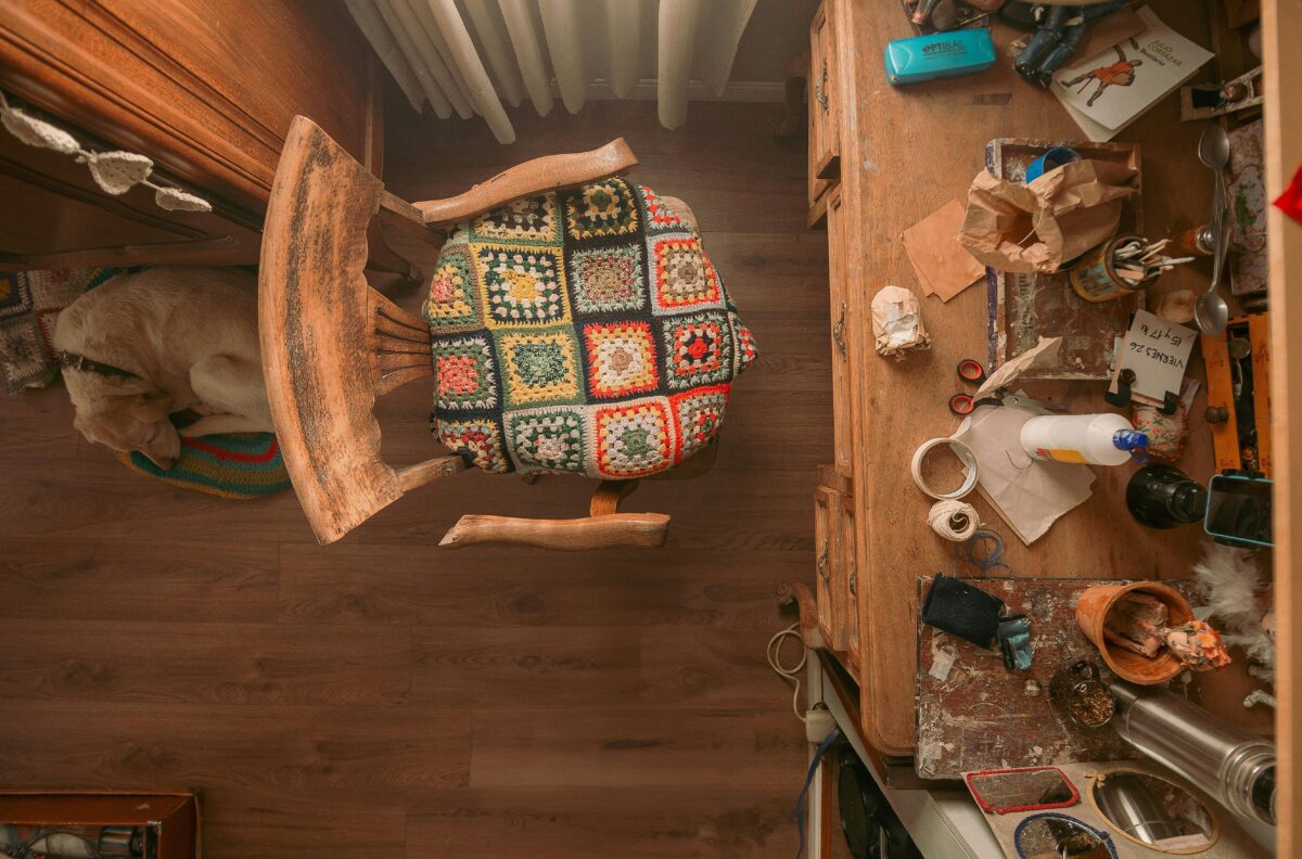 cozy-craft-room-with-quilted-chair-and-sleeping-dog