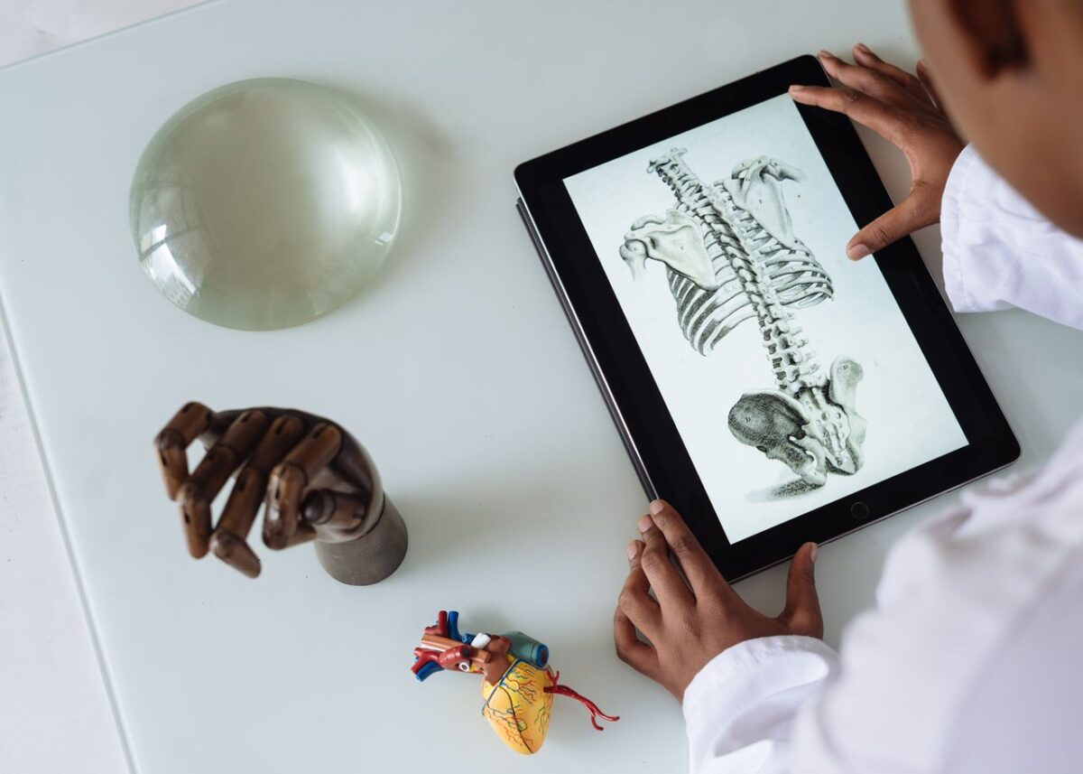 unrecognizable-african-american-scientist-studying-anatomy-with-tablet-
