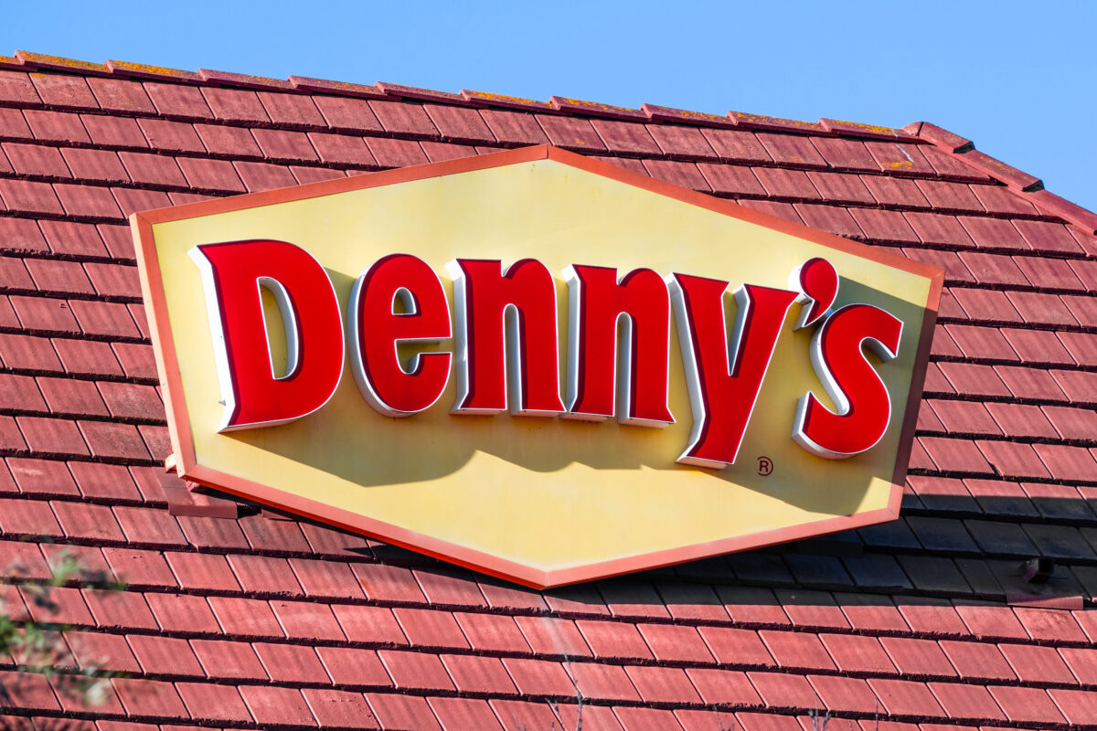 Feb 2, 2020 South San Francisco / CA / USA -  Denny's emblem at one of their locations in San Francisco Bay Area; Denny's is an American table service diner-style restaurant chain