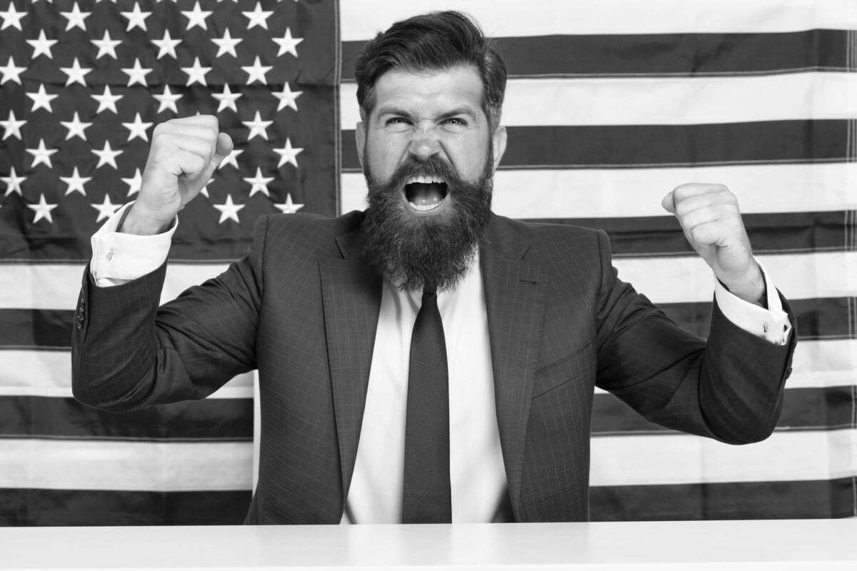 A Stronger America. patriotic and national glory. English studying speak. Patriotism and freedom. national holiday. Fourth Of July United States Independence Day. man Celebrate victory near Flag