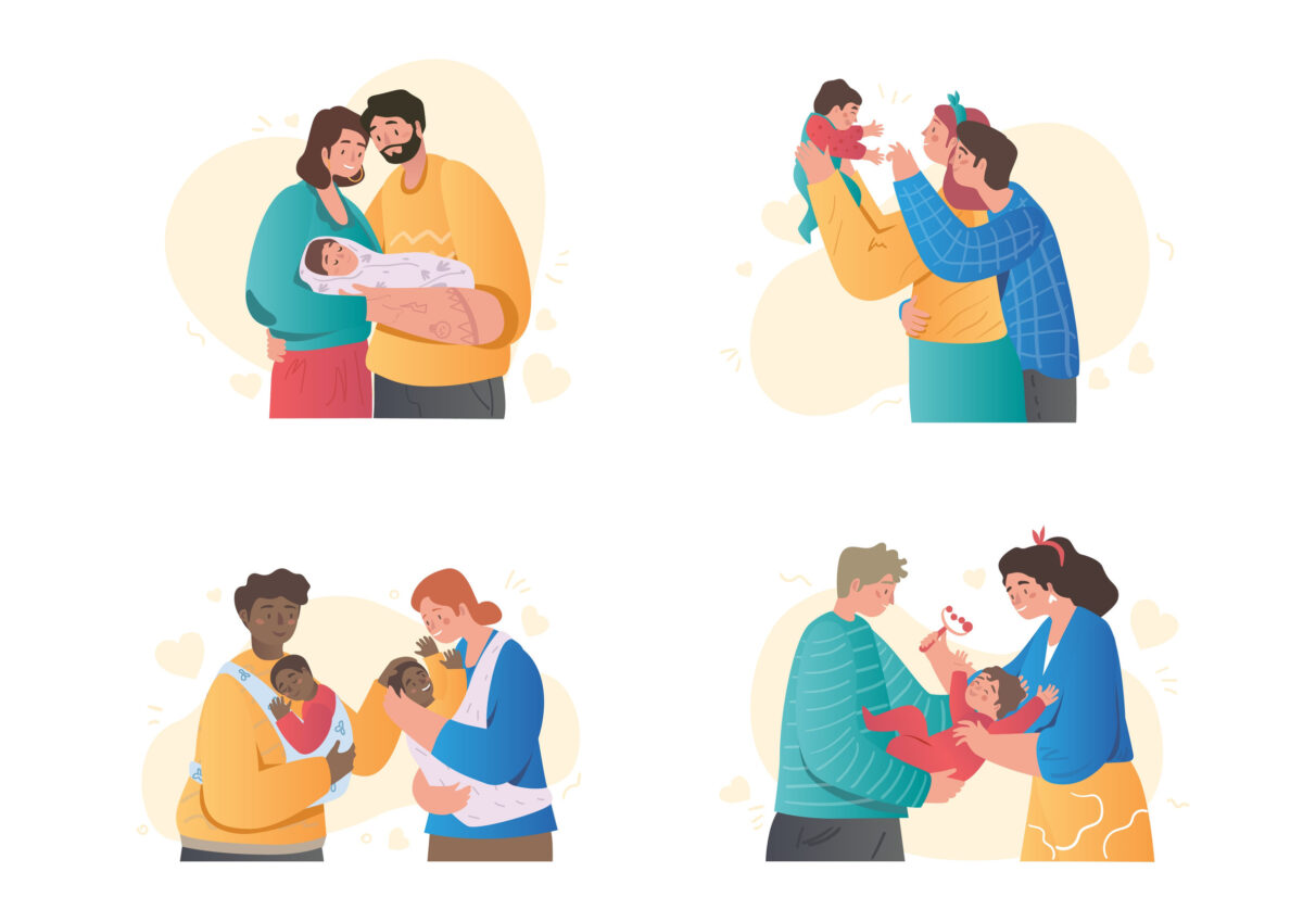 Set of cute couples holding newborn baby on white background