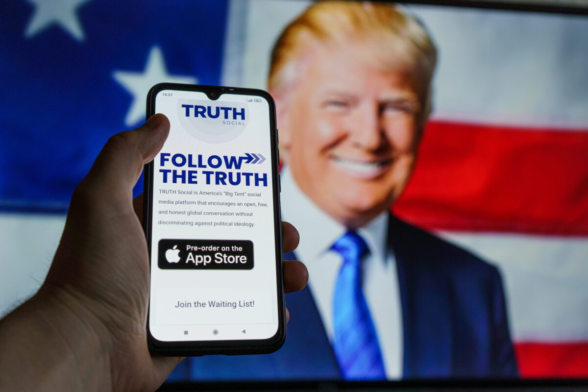 Trump says America’s greatness was forged by faith as religion returns to center stage. 1 Truth social media on smartphone. TRUTH Social is AmericaaEUR(TM)s aEURoeBig TentaEUR? social media platform owned by Donald Trump