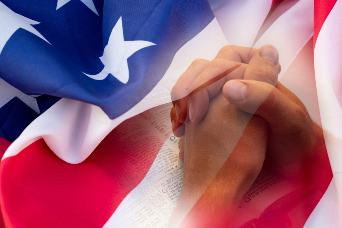 Trump says America’s greatness was forged by faith as religion returns to center stage. 2 praying for America with a bible
