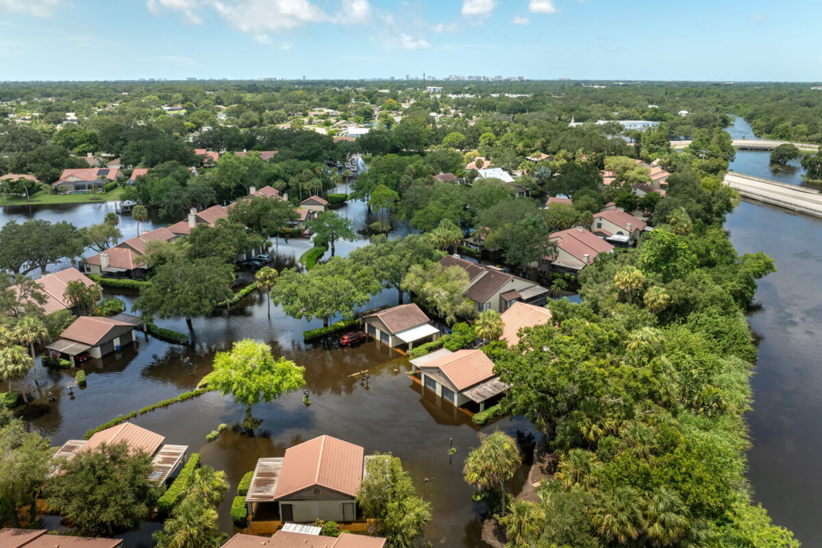 Florida Renters Are Being Crushed as Eviction Pressure Turns the Sunshine State Dark 2 Flooding in Florida caused by tropical storm from hurricane Debby. Suburb houses in residential community surrounded by flood waters in Sarasota. Aftermath of natural disaster