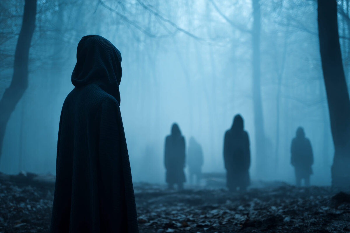 Eerie hooded figures in a foggy forest create a haunting atmosphere for Halloween night scares