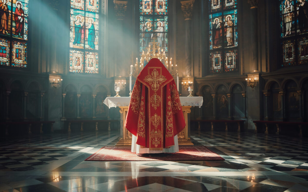 Catholic priest prays in the church of St. Peter and Paul