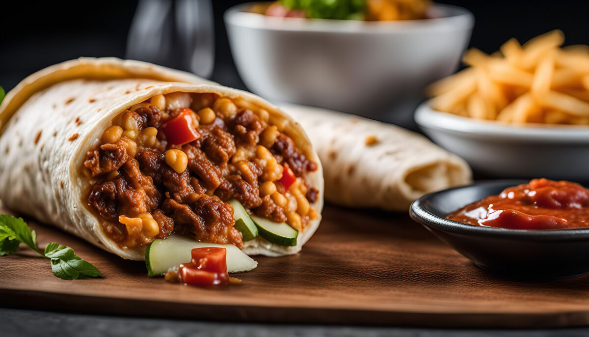 10 Cheap Meals Americans Crave Most When They’re Financially Burned Out 3 A delicious-looking burrito filled with beans, meat, and vegetables. It is served with salsa, making it a satisfying and flavorful meal.