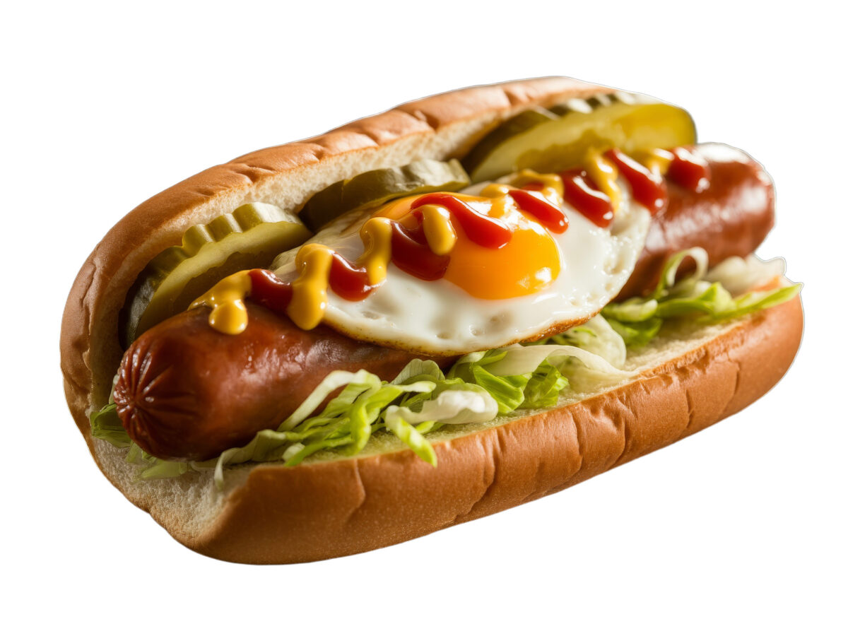 A mouthwatering gourmet hot dog topped with a perfectly fried egg, crunchy pickles, and classic condiments.  This high-resolution, transparent PNG image is perfect for menus, food blogs, restaurant websites, and advertising materials.  The vibrant colors and detailed textures make it ideal for various design projects thanks to its white background and transparent format.