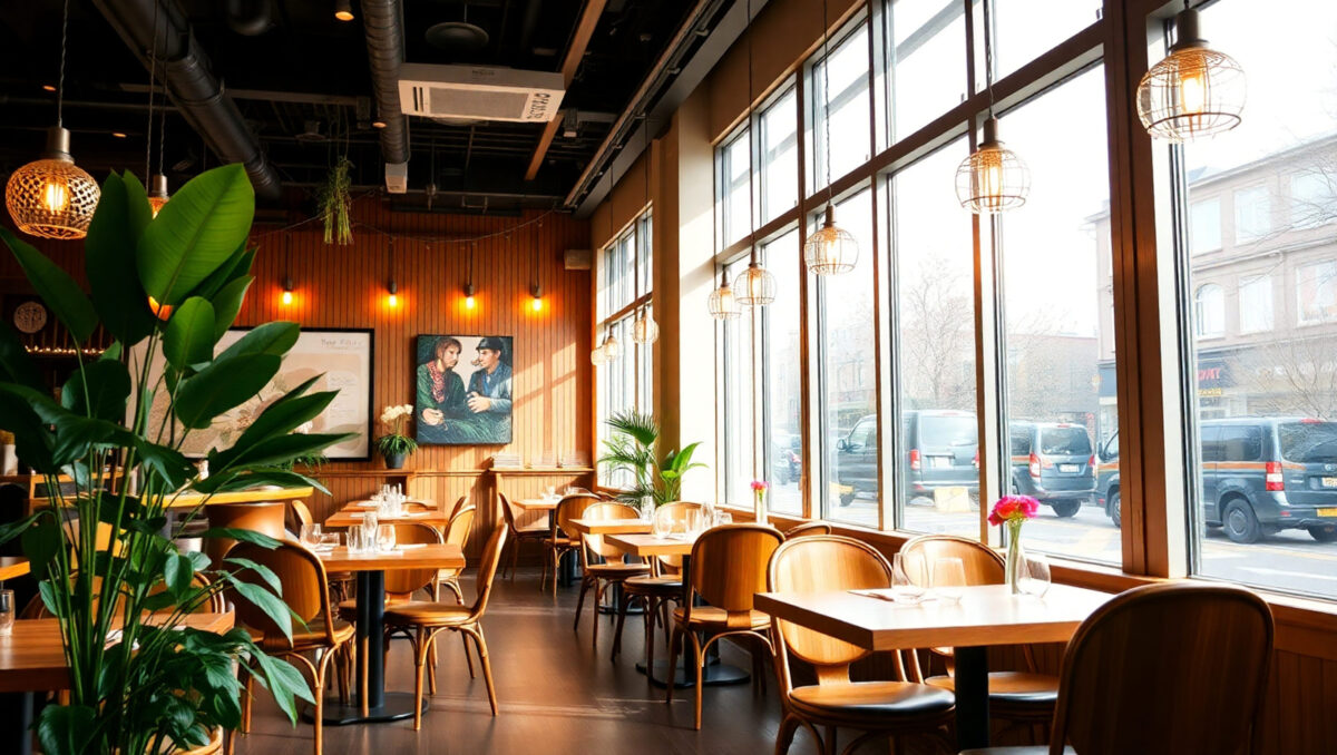 Interior of a cafe with tables, chairs and a picture on the wall