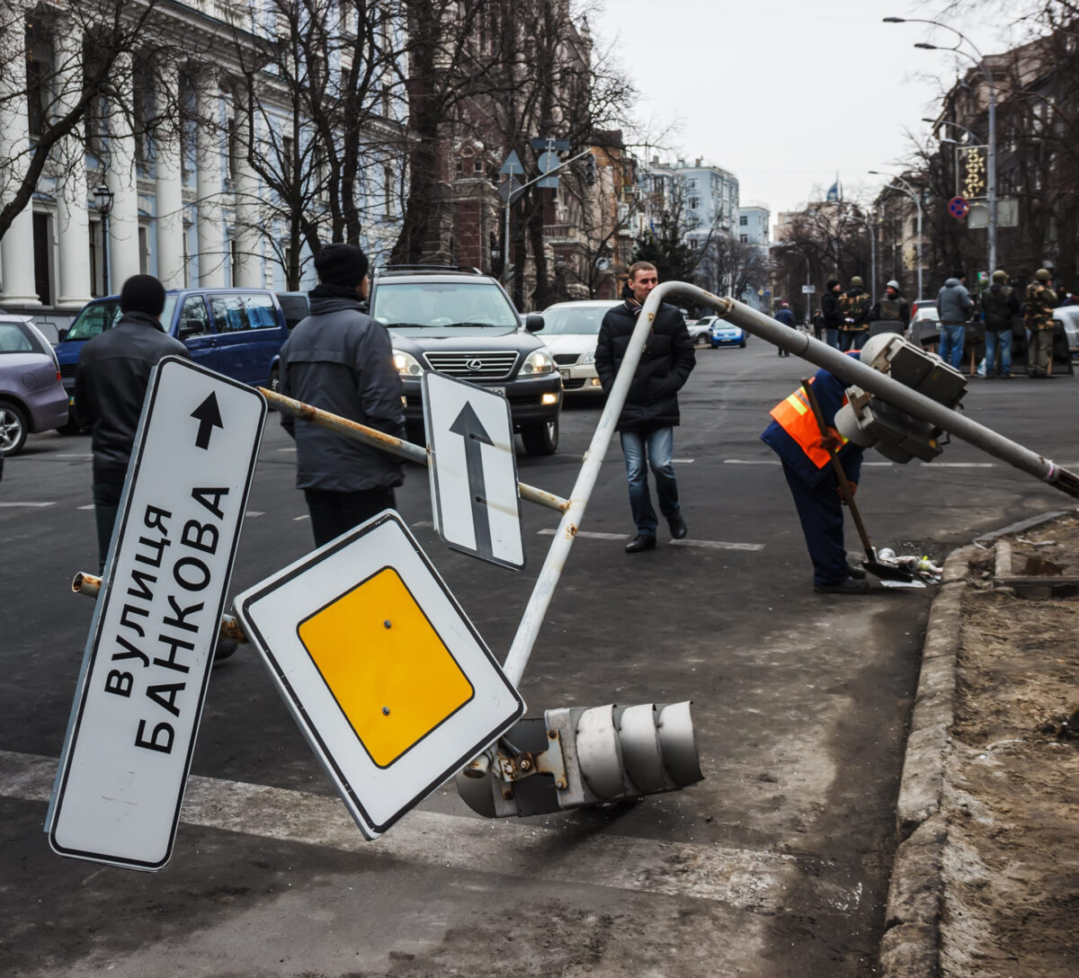 Kiev, Ukraine - February 22, 2014 symbol of fall of the old regime - a broken traffic light on Bankova street where the administration of President