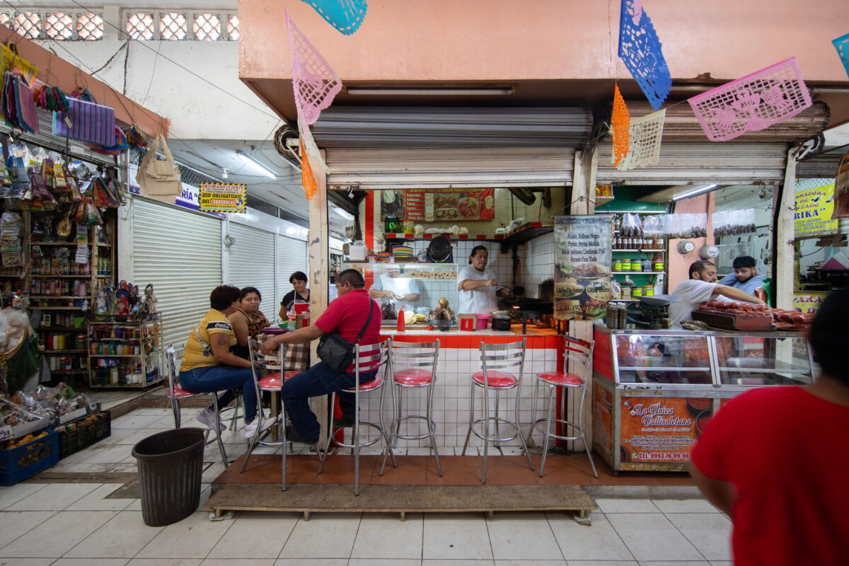 Merida, Mexico; 1st January 2026: Atmosphere at the food stalls and restaurants around the Lucas de Galvez market.
