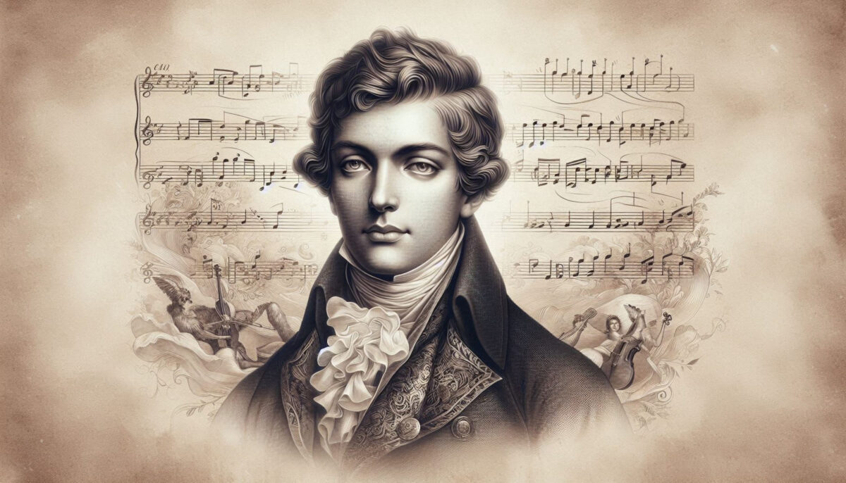 Portrait of a young man with curly hair and classic clothes.