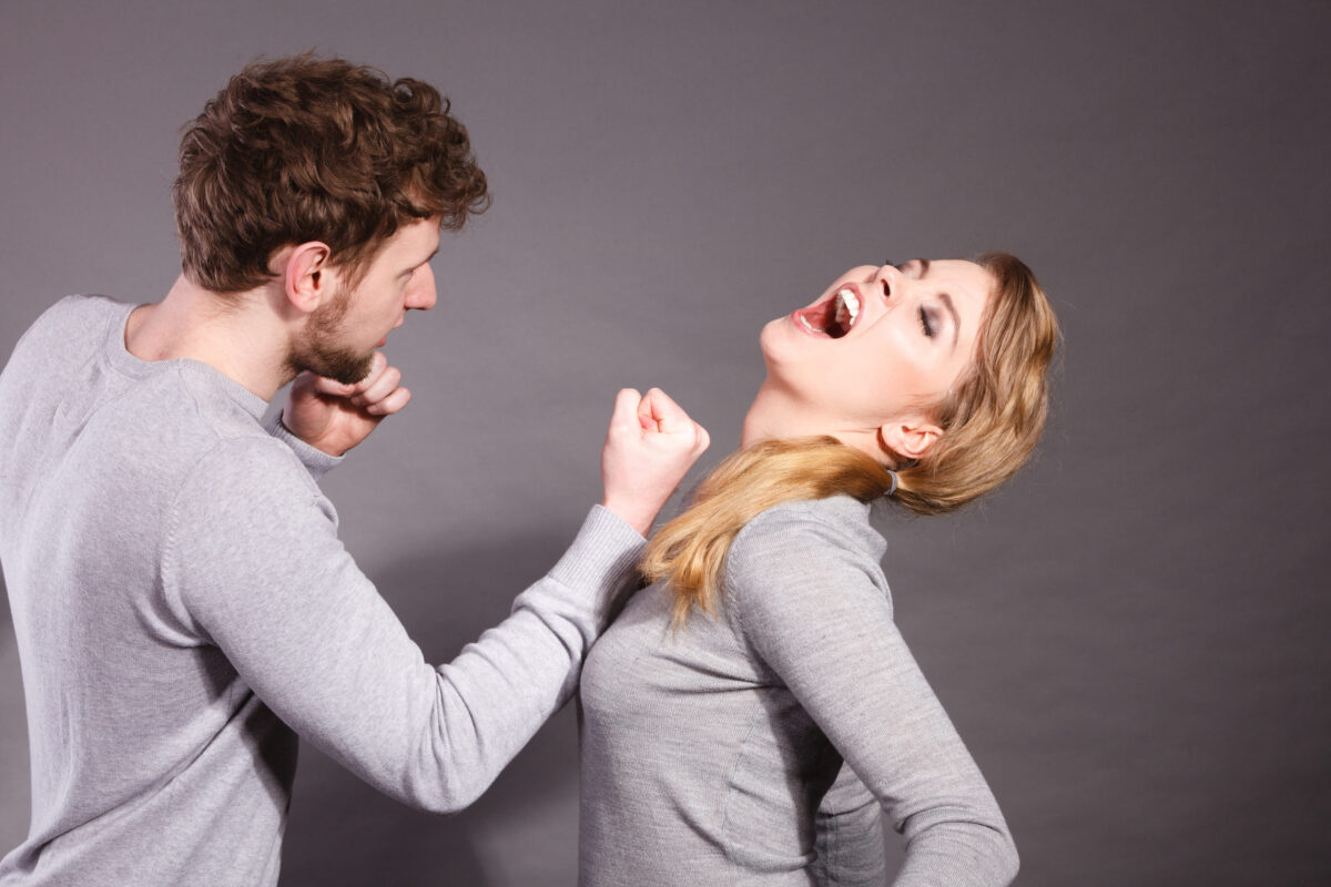 Violence against woman. Aggressive man yelling shouting on scared afraid woman. Negative relations in partnership. Expressive young male beating frightened lady.