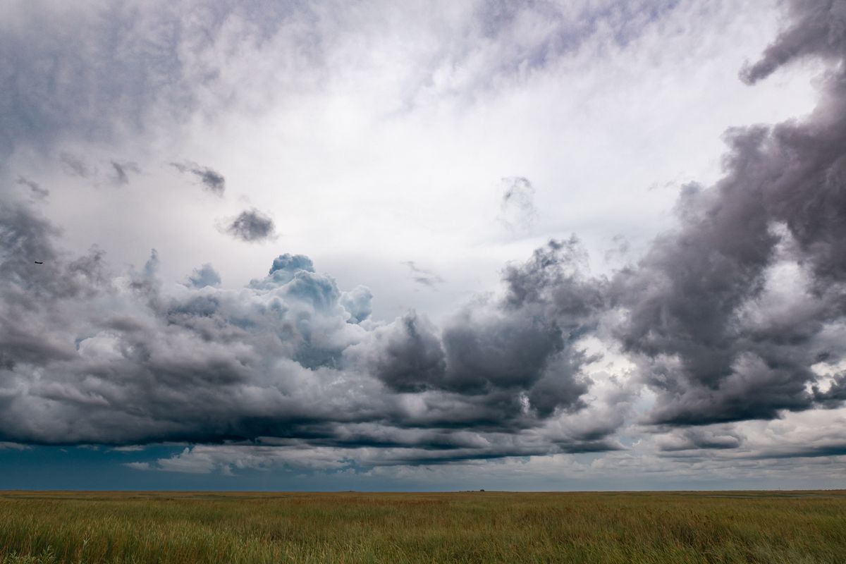 A breathtaking view of dark storm clouds looming over a vast green grassland in Miami, Florida.