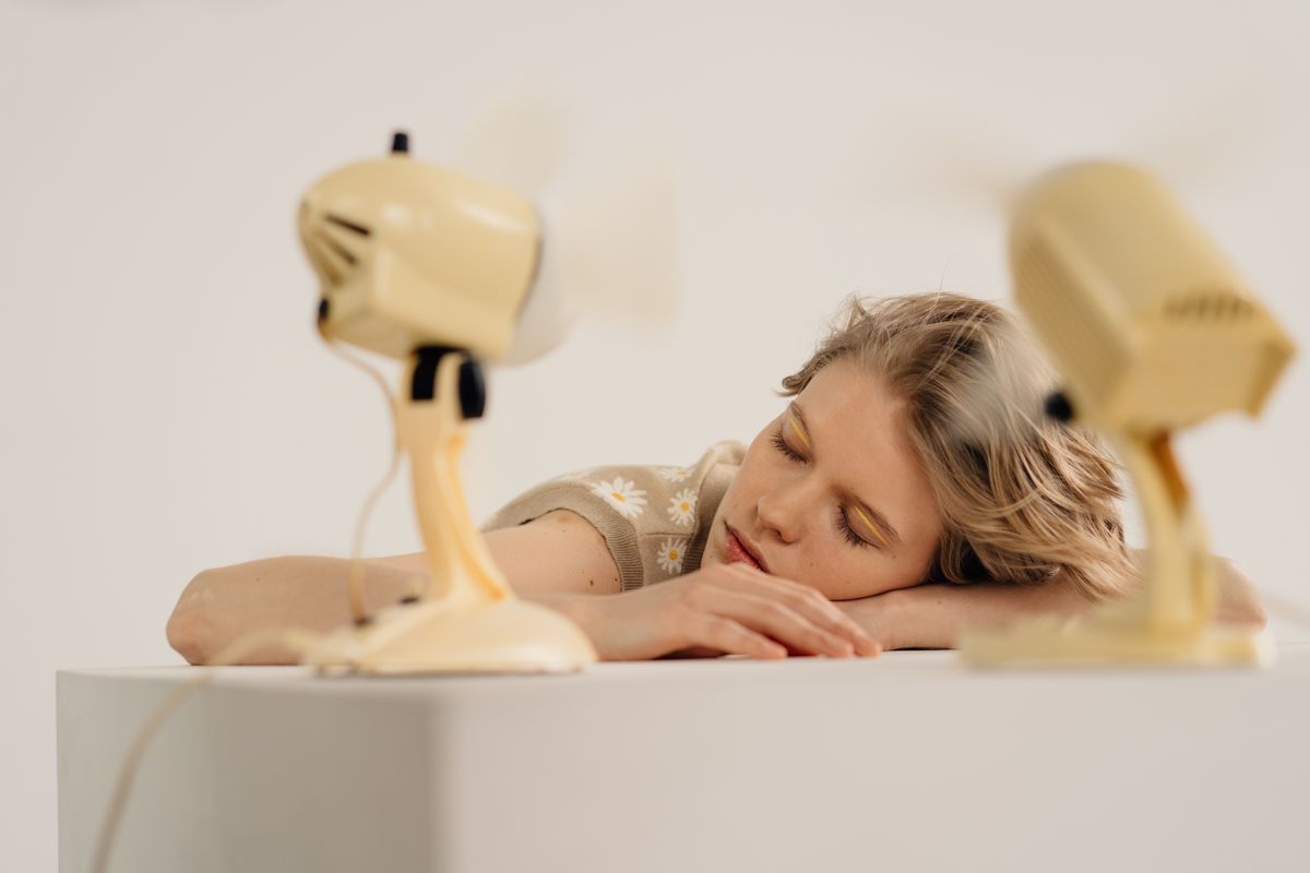 Elon Musk’s AC Comment Just Exposed Europe’s Sweaty Problem, And Americans Are Not Letting It Go 1 A calm scene of a woman resting with vintage fans in a minimalist setting, conveying tranquility.