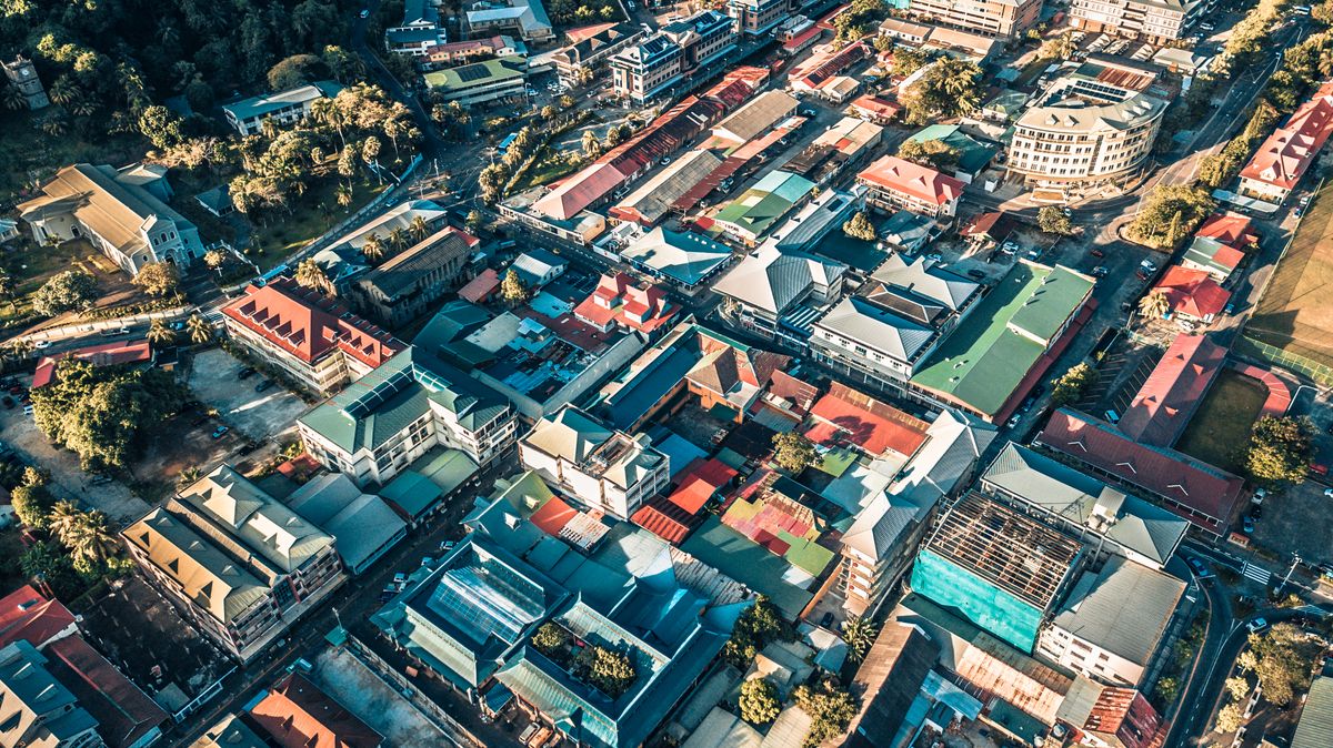 A stunning aerial shot capturing the vibrant rooftops and architecture of Victoria, Seychelles.