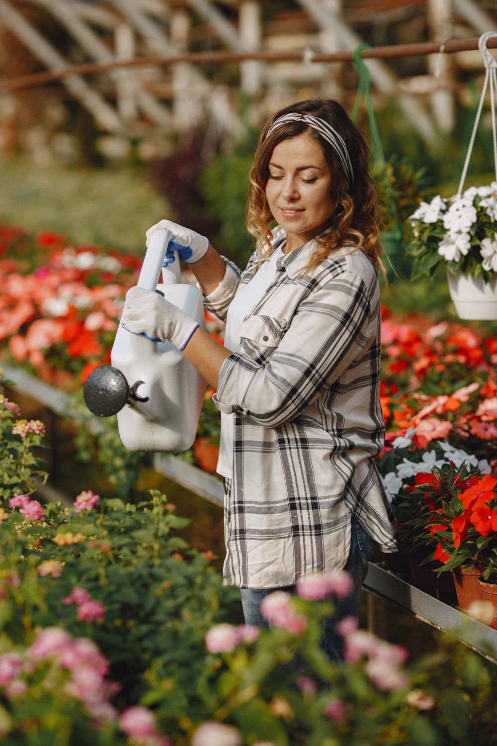 A woman in a plaid shirt waters vibrant flowers in a sunny greenhouse nursery.