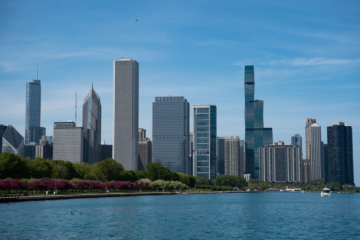 Beautiful view of Chicago's skyline with skyscrapers and a tranquil lake during the day.