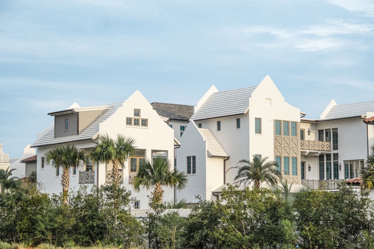 Beautiful white houses with a tropical setting in Alys Beach, Florida.