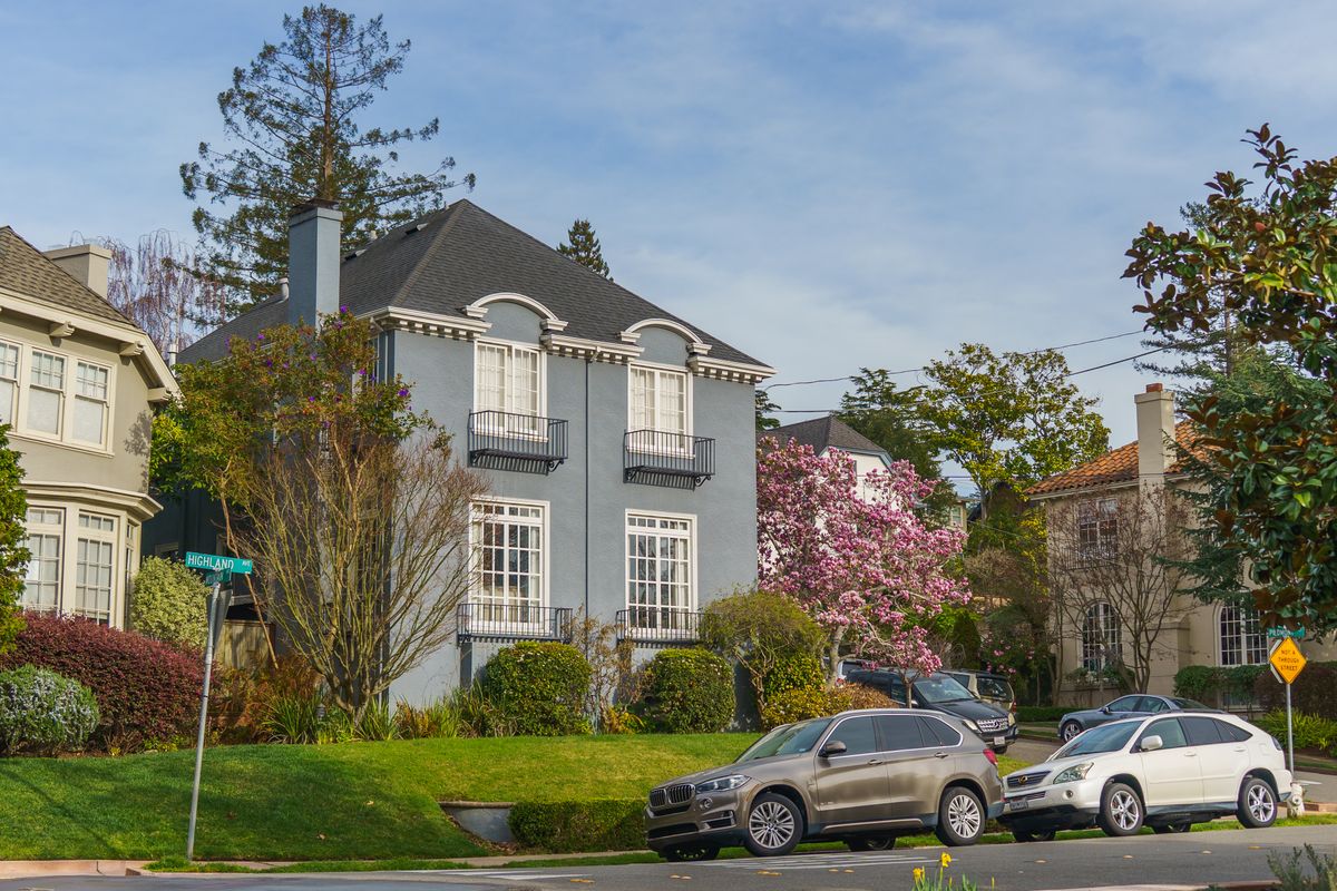 Charming suburban street with elegant houses and blooming trees under a clear sky.