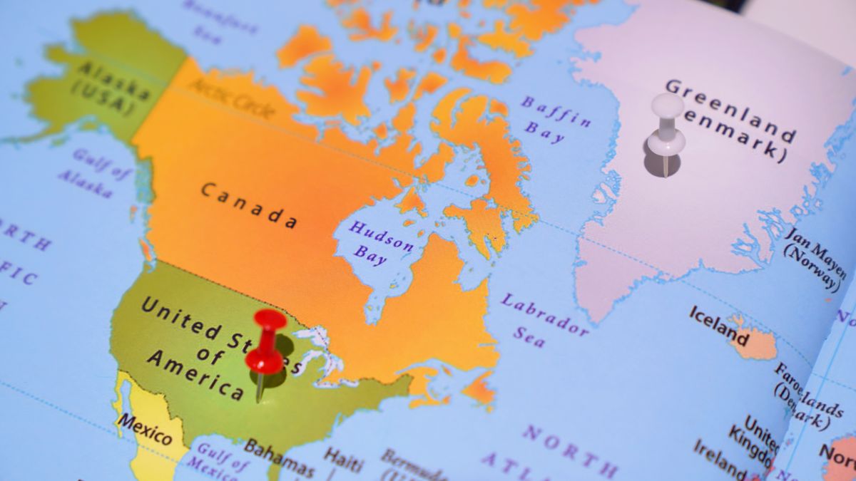 Colorful map featuring North America with pins on Greenland and USA.