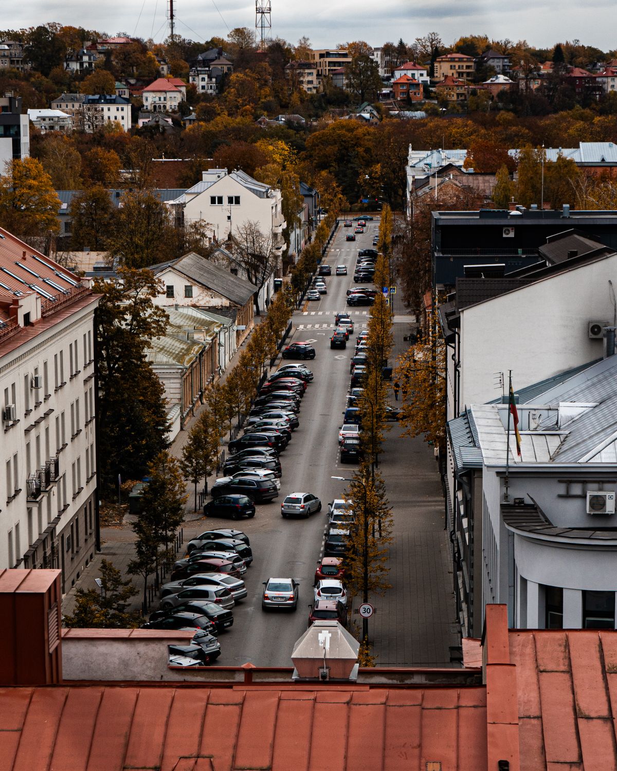 DuPage County Transportation System Under Pressure: Roads, Trails, and Daily Mobility Challenges Across the Region 1 Drone shot of an urban street in Kaunas, Lithuania, lined with trees and parked cars in autumn.