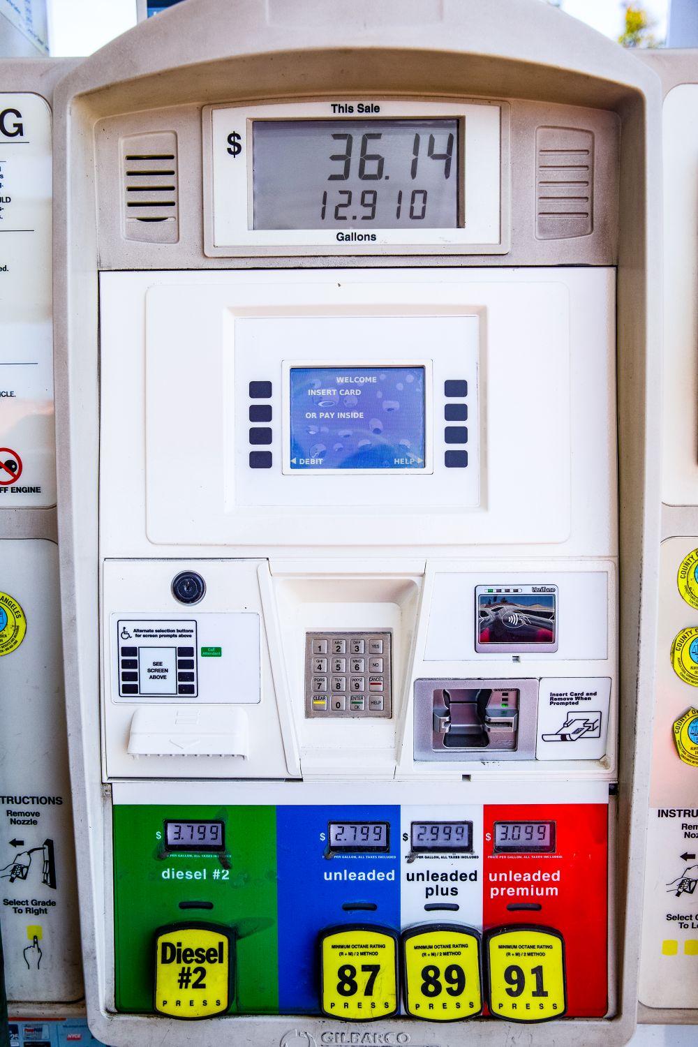 13 Gas Station Mistakes That Are Quietly Draining Your Wallet 2 Gas pump with diesel and unleaded fuel options and digital screen in Los Angeles, CA.