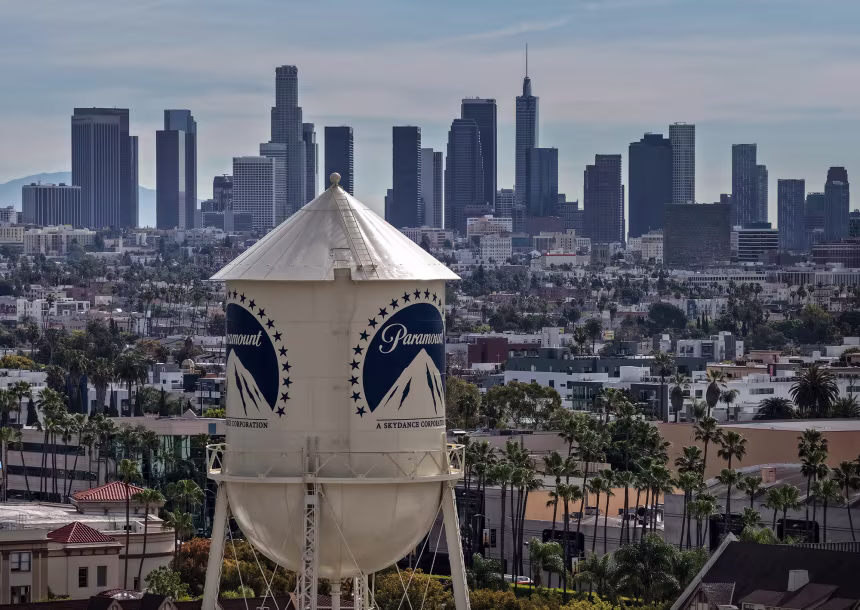 An aerial view of the Paramount logo on the water tower at Paramount Studios on February 23, 2026, in Los Angeles, California