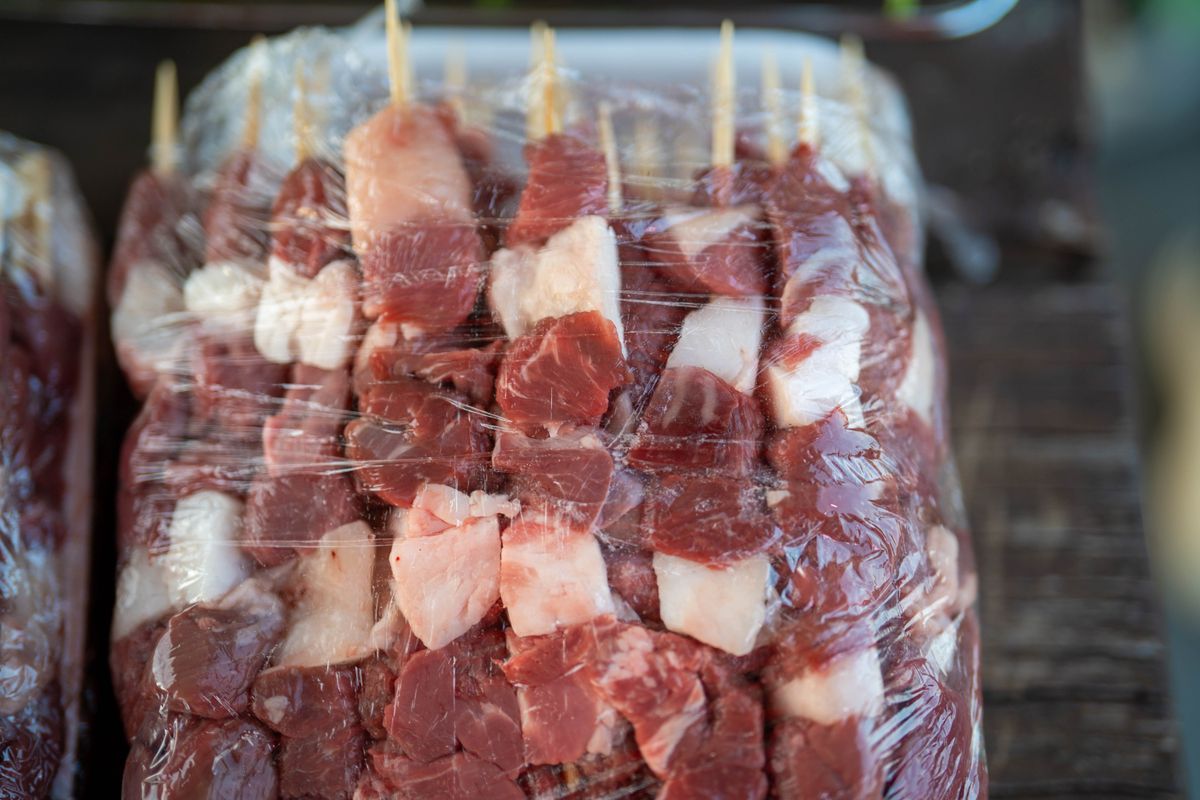 Grocery Prices Are Out Of Control: 10 Items to Grab Before Costs Soar Again 1 High-quality fresh meat skewers wrapped in plastic, ready for grilling.