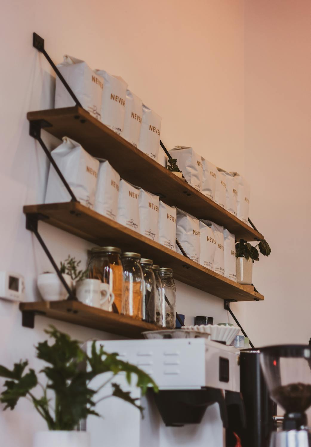 Modern kitchen with wooden shelves displaying coffee bags and plants for a cozy touch.