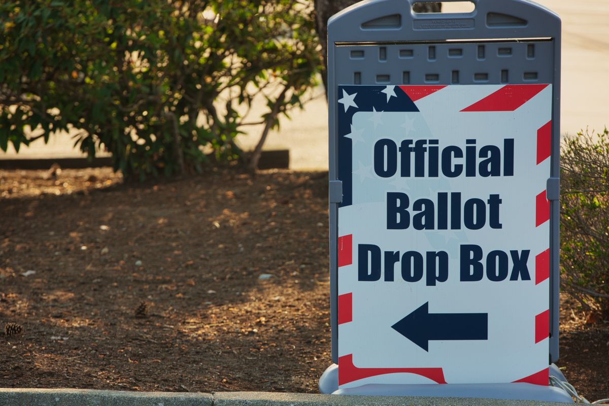 Photo of an official ballot drop box outside in Ferndale, WA, USA, during election season.