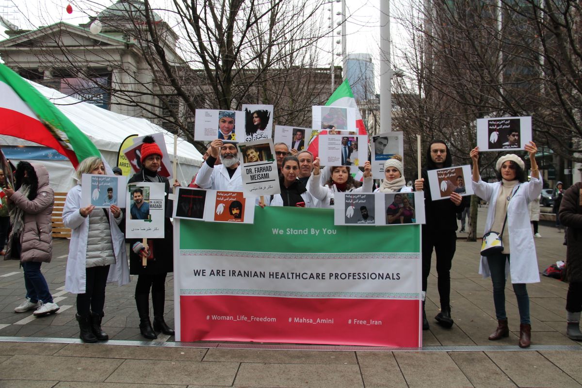 Protest by Iranian healthcare professionals in Vancouver for human rights and freedom.