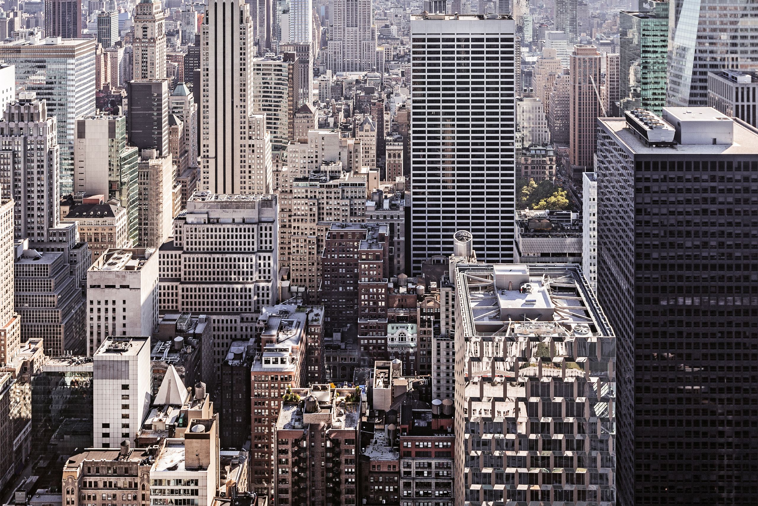 Stunning aerial cityscape of New York City's iconic skyscrapers with diverse architecture.