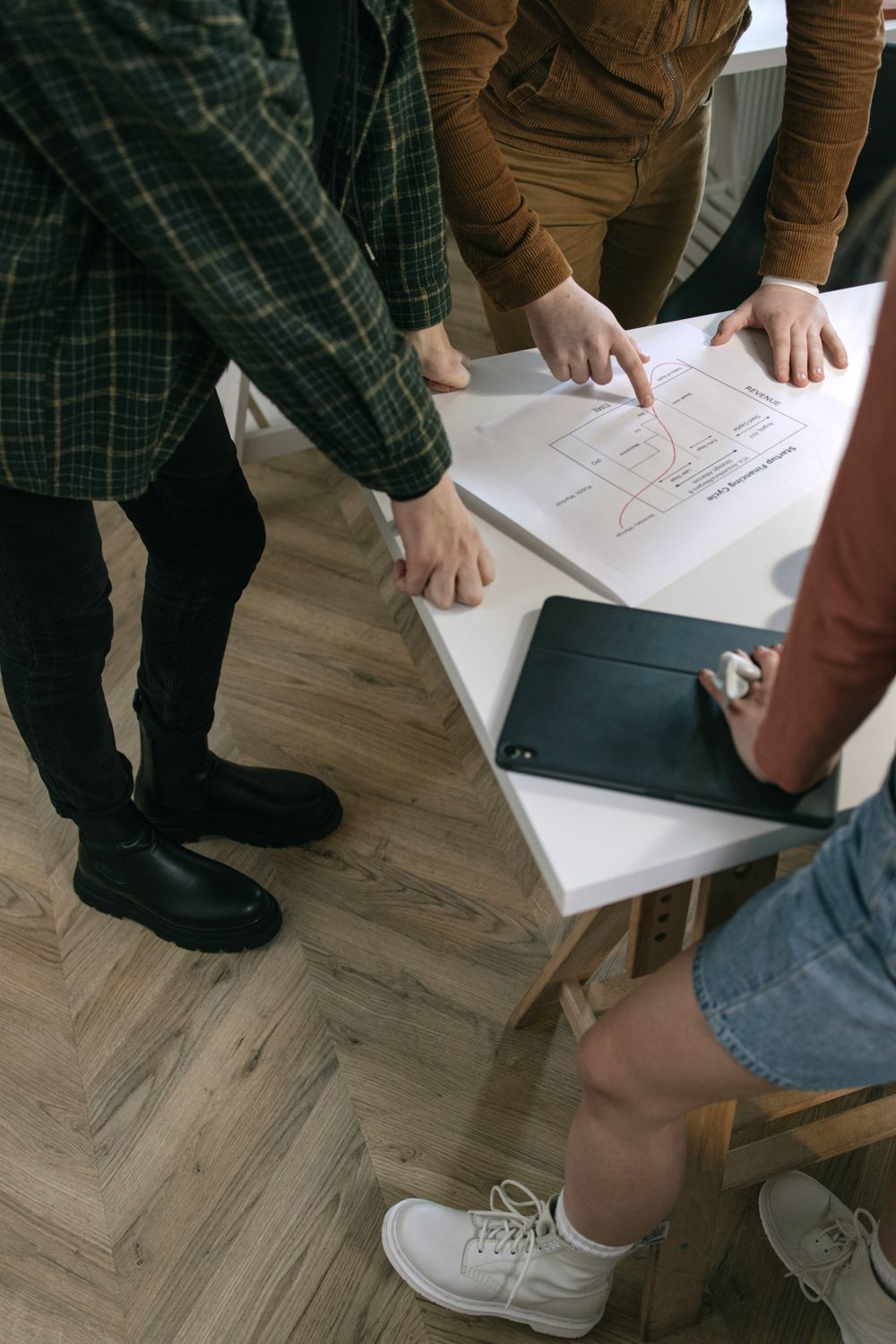 From Kitchen Idea to Thriving Brand: The Real Playbook for Starting a Food Business 1 Top view of a team brainstorming at a desk with a chart, showcasing teamwork and planning skills.