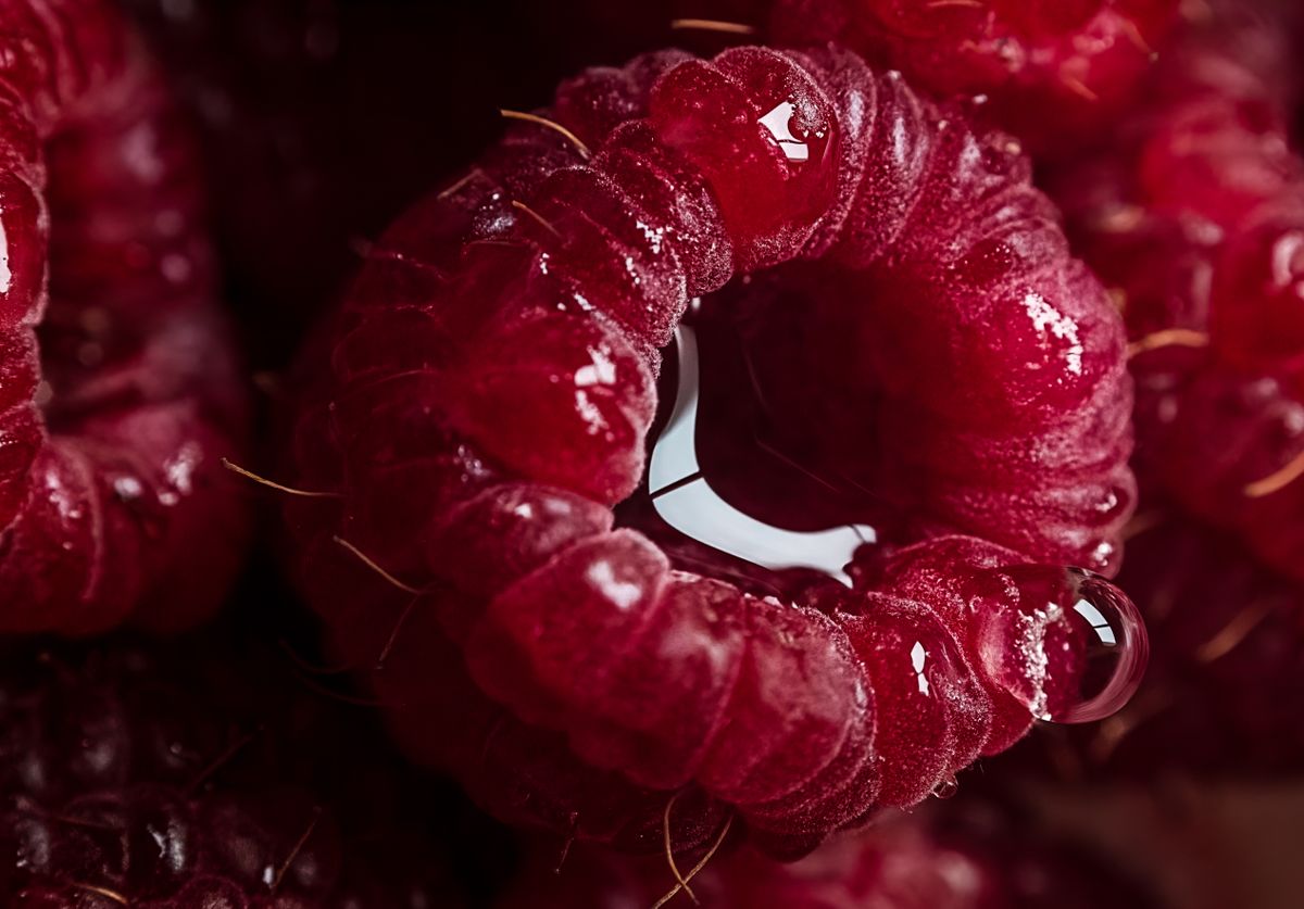 Vibrant close-up of freshly washed raspberries with water droplets, showcasing natural freshness.