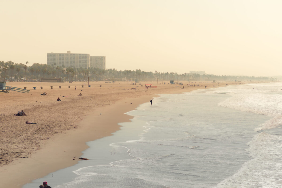 Santa Monica Beach in Los Angeles, USA. Shot in October 2018 during a hot foggy sunny day