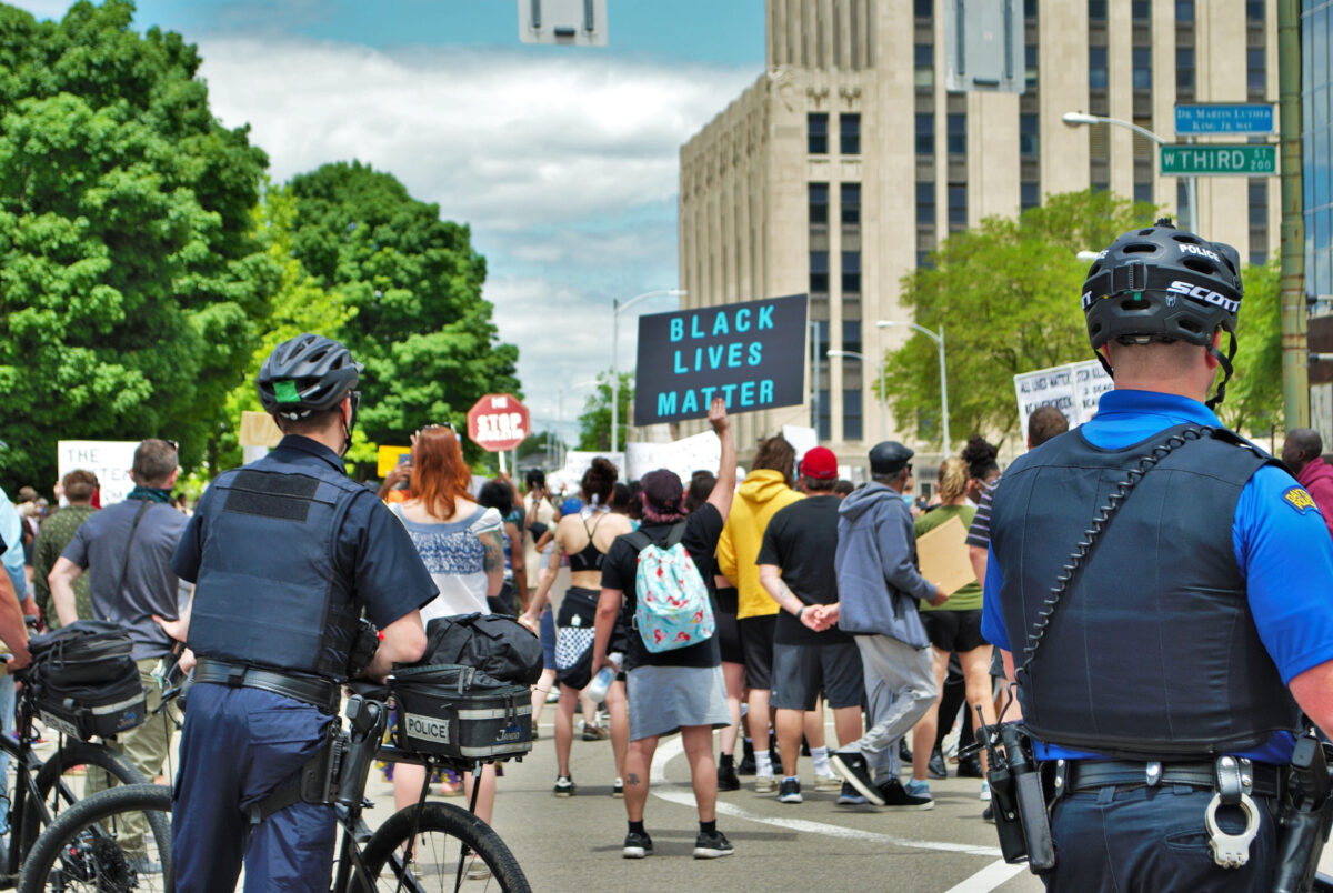 Dayton, Ohio United States 05/30/2020 police and SWAT officers controlling the crowd at a black lives matter protest
