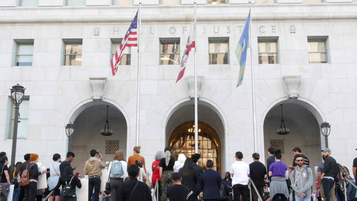 LOS ANGELES, CALIFORNIA, USA - 30 OCT 2019: People strike near Hall of Justice. Protest picket in front of Sheriff's Department and Courthouse. Demonstration of activists near LA government building.