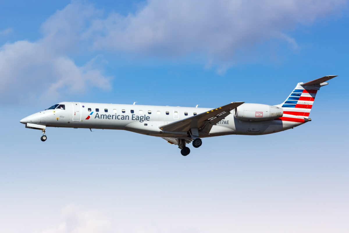New York, United States - February 29, 2020: American Eagle Envoy Air Embraer 140 airplane at New York JFK airport in the United States.