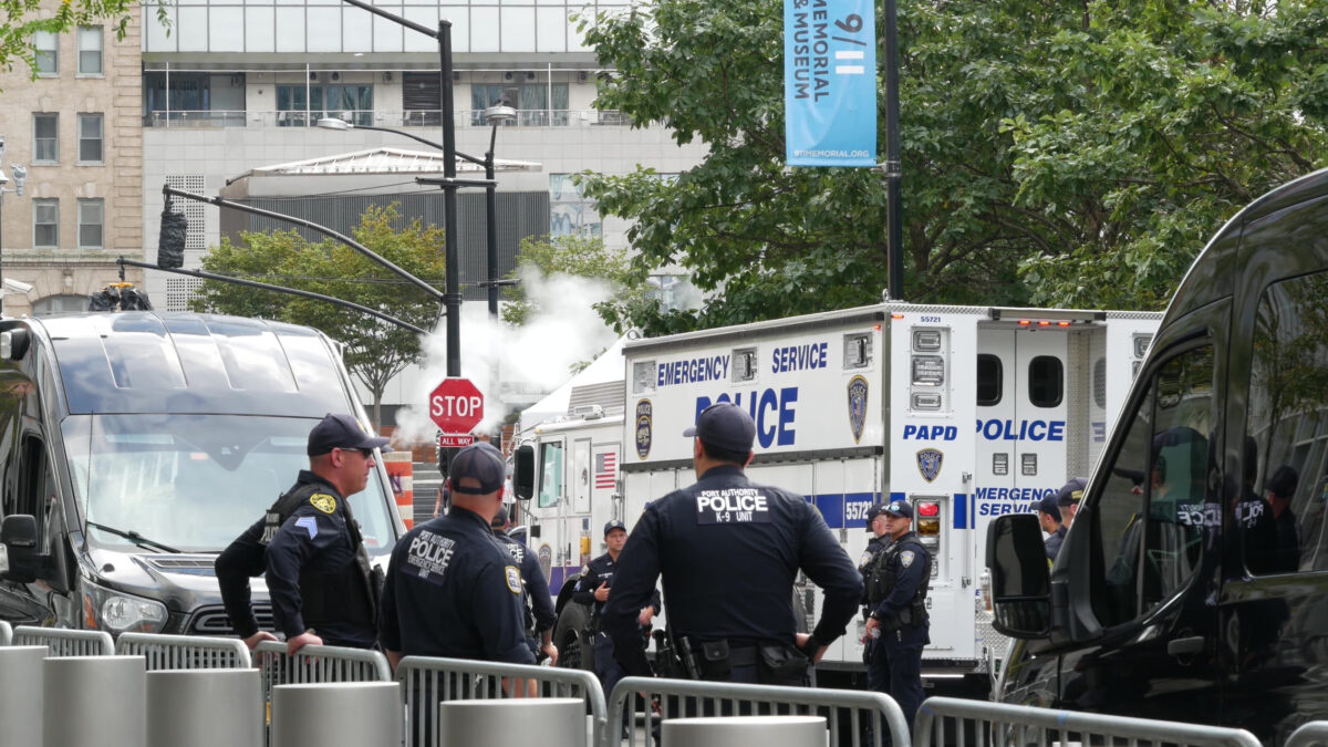 New York City, United States - 11 September 2023: Firefighters celebrate Patriot Day. Police cars, officers near 911 Memorial Pools. NYPD near Fire Department Station, Manhattan 10 Ten Firehouse, USA.