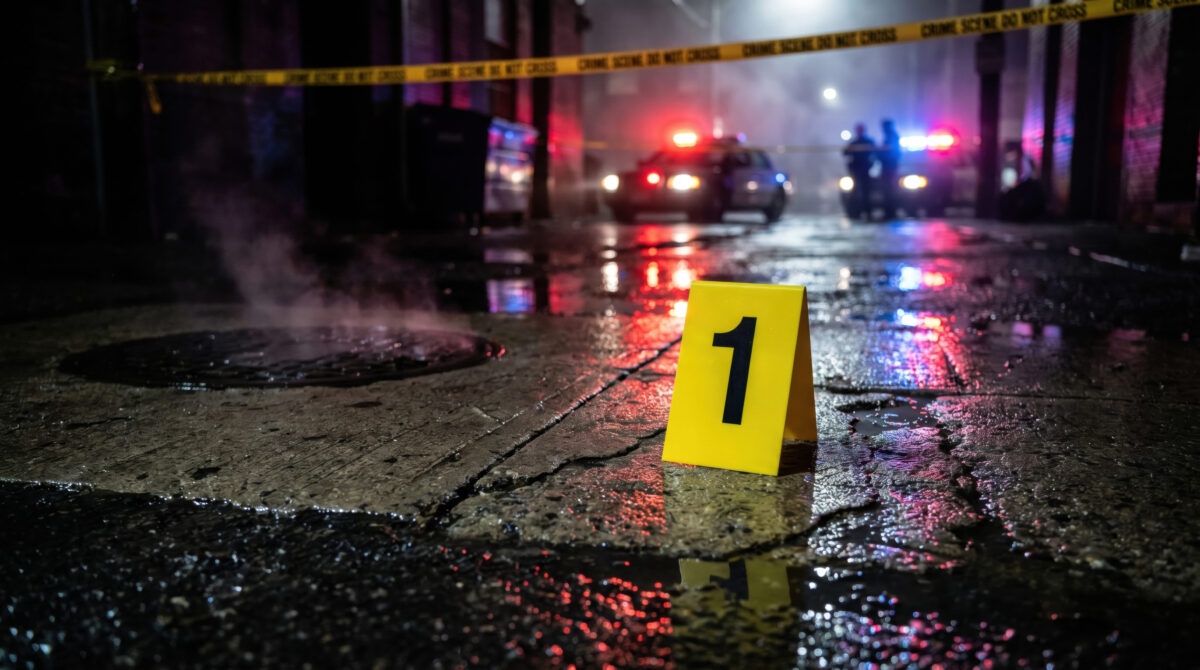 Forensic Evidence Marker on Wet Street at Night With Police Lights and Crime Scene Tape