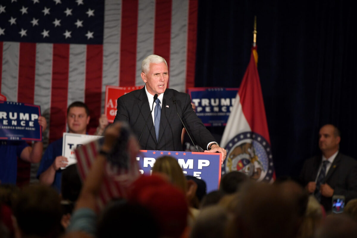 Chesterfield, MO, USA aEUR" September 06, 2016: Republican vice presidential candidate, Indiana Governor Mike Pence speaks to supporters at a rally in Chesterfield, Missouri.