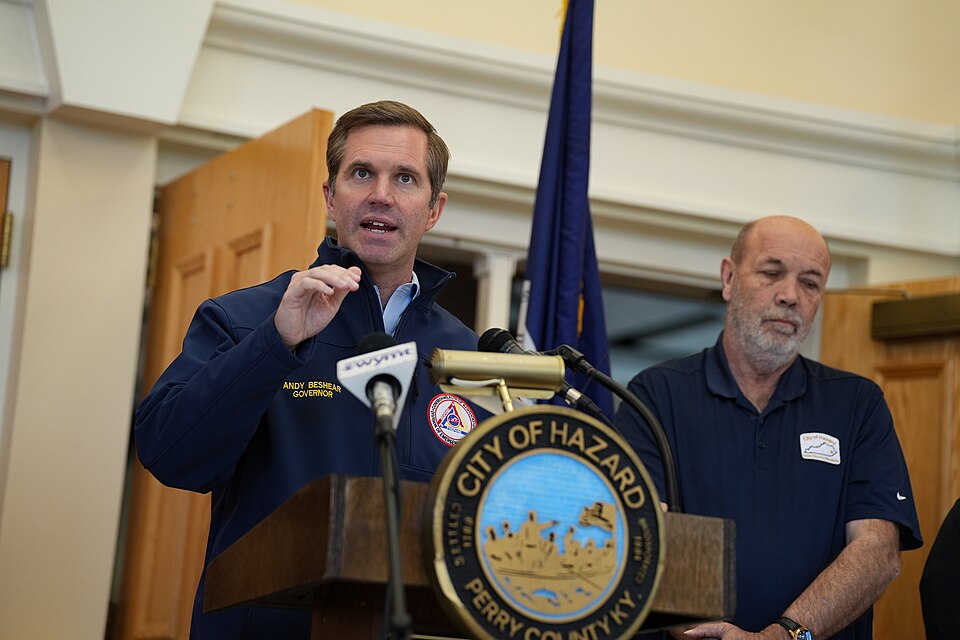 Andy Beshear at FEMA relief facility in Hazard Kentucky 2025 02 26