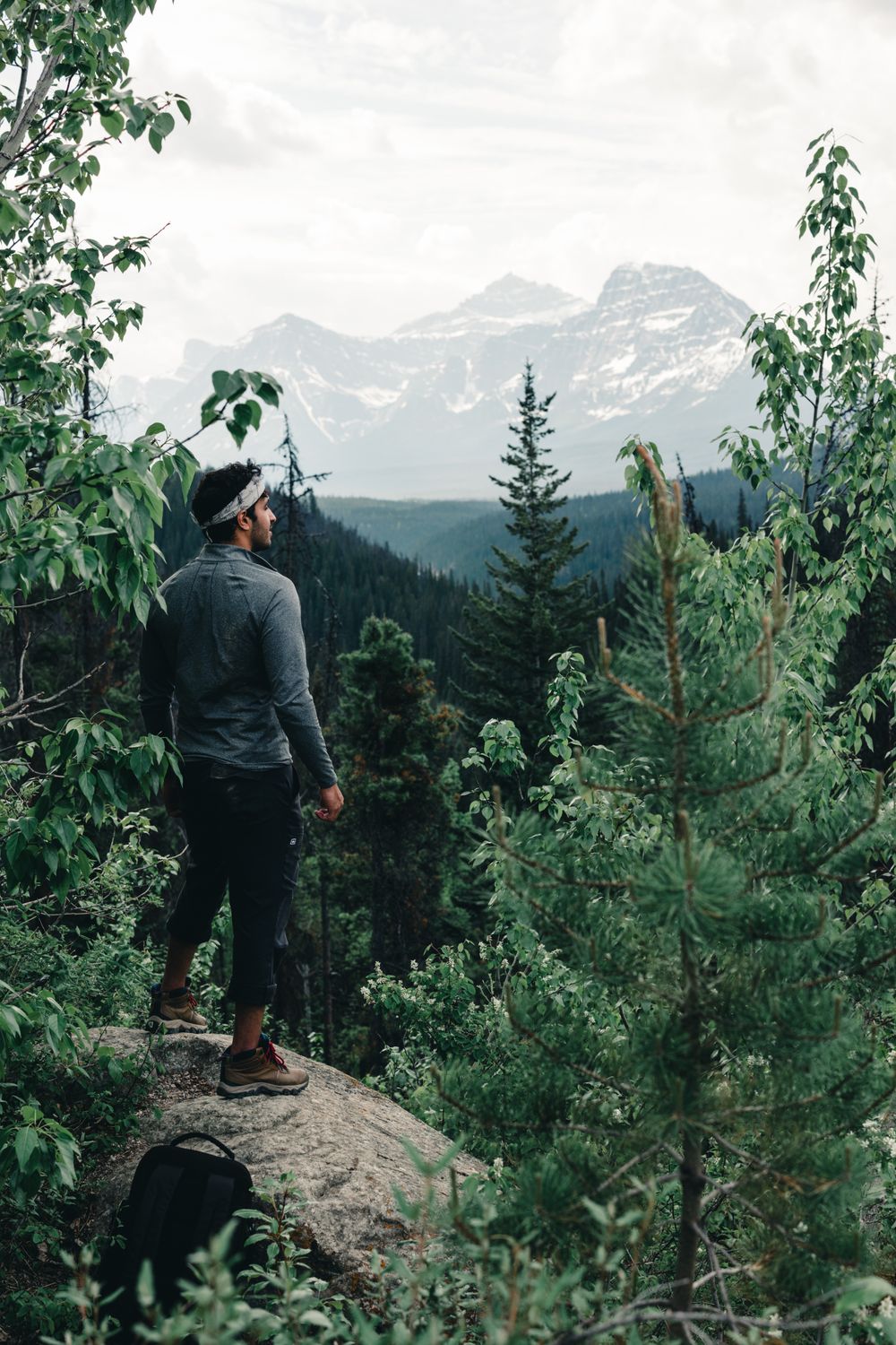 Alaska Hiker Attacked by Brown Bear While Walking With Friend and Dogs, Authorities Reveal What Happened 2 A lone hiker stands on a rock, looking at the majestic mountain peaks of Jasper National Park, Alberta.